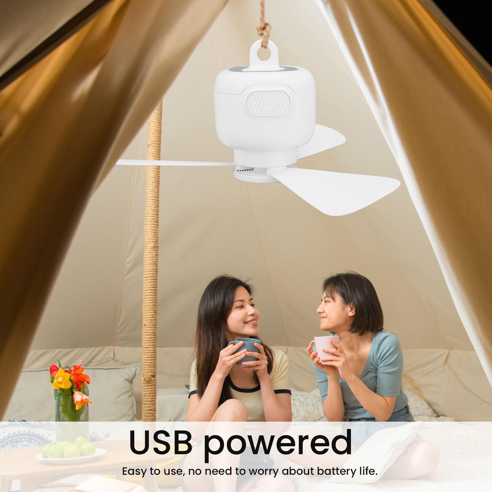 Wiszący Wentylator Sufitowy, łatwy w Obsłudze USB Cichy Oszczędzający Miejsce Przenośny Wentylator Kempingowy, Wentylator Sufitowy Bez światła do Akademika na Zewnątrz Kemping