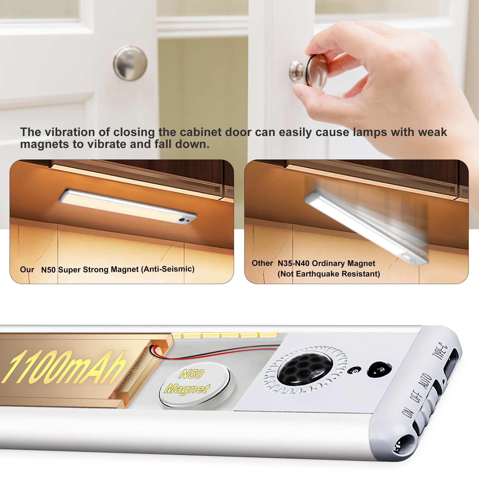 HL Under Cabinet Lighting, LED Motion Sensor Light Indoor, Rechargeable Closet Lights Wireless, Magnetic with Remote Dimmable Under Counter Lights for Kitchen Stairs Warm White 2Pack