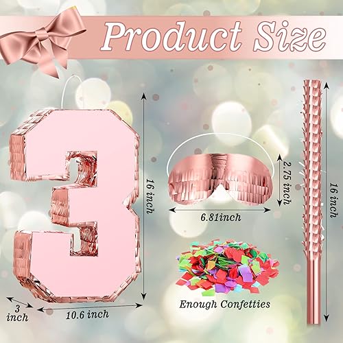 Miniatura 2 de Piñata con número de piñata de oro rosa con palo, confeti de princesa para niñas, fiesta de cumpleaños, aniversario, celebración, suministros de