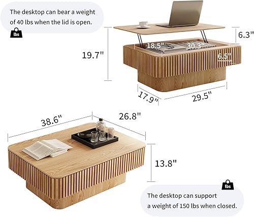 Miniatura 2 de LKTART Mesa de Centro con Tapa Elevable para Sala de Estar, Mesa de Centro Acanalada de Acento con Almacenamiento, Mesa de Té Central Rectangular