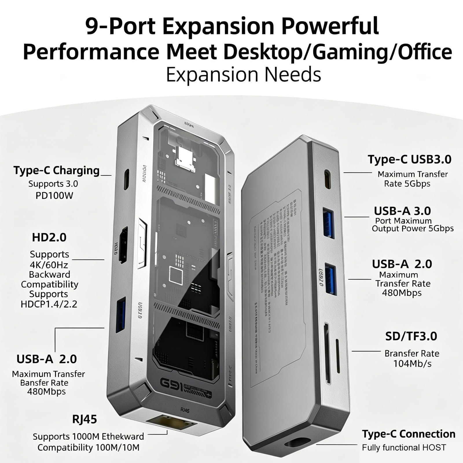 Base USB C 9 en 1 con lector de tarjetas y salida de video 4K que mejora la multitarea y el adaptador USB de eficiencia