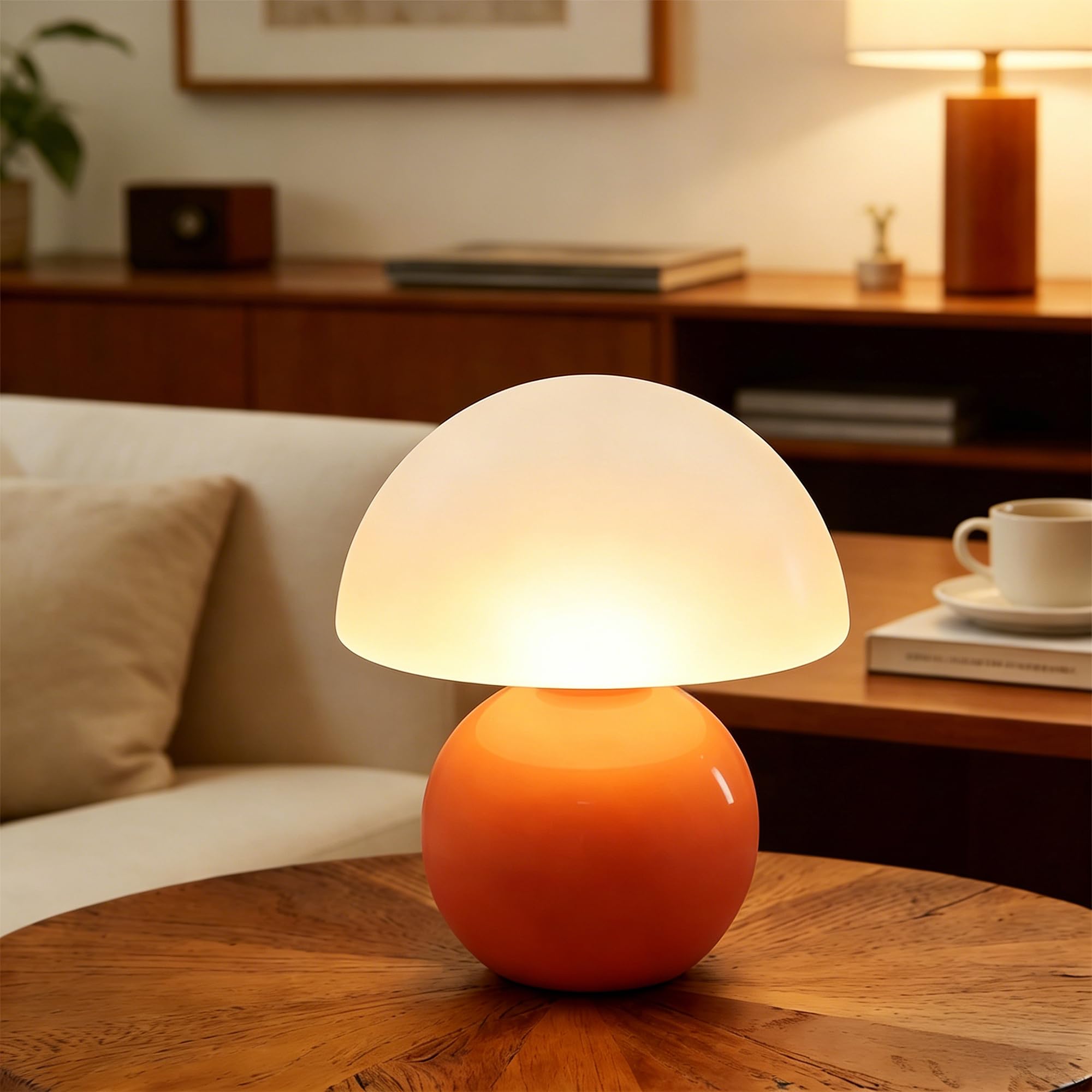 Led Dimmbar Tischleuchte Deko Wohnzimmer, Nachttischlampe Tischlampe, Schlafzimmer Tischlampen, Mushroom Bedside Table Lamp, Keramikbasis Glas Klein Nachtlampe (Orange)