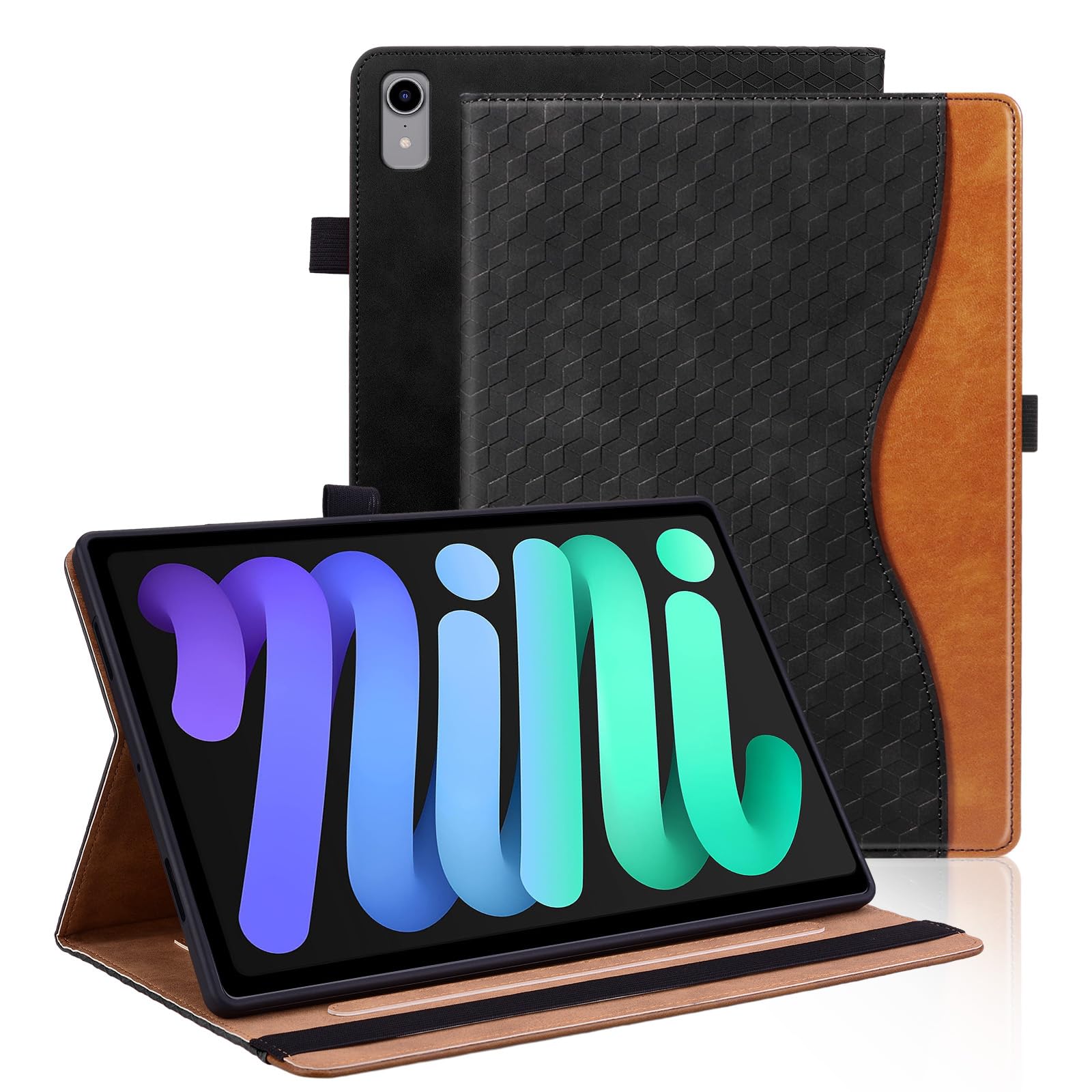 Vkooer Hülle für iPad mini (A17 Pro) 2024 7. Generation 2024/ iPad mini 6. Generation 2021 8.3 Zoll Schutzhülle mit Pencil Halter Ledertasche Cover Case mit Auto Schlaf/Aufwach Kartentasche - Schwarz