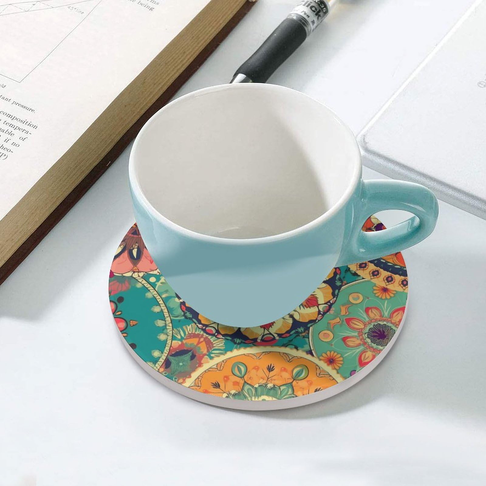 Sottobicchieri rotondi con supporto per tavolino da caffè, sottobicchiere in ceramica con base in sughero, sottobicchiere in pietra in ceramica per bevande fredde o calde, 10 cm