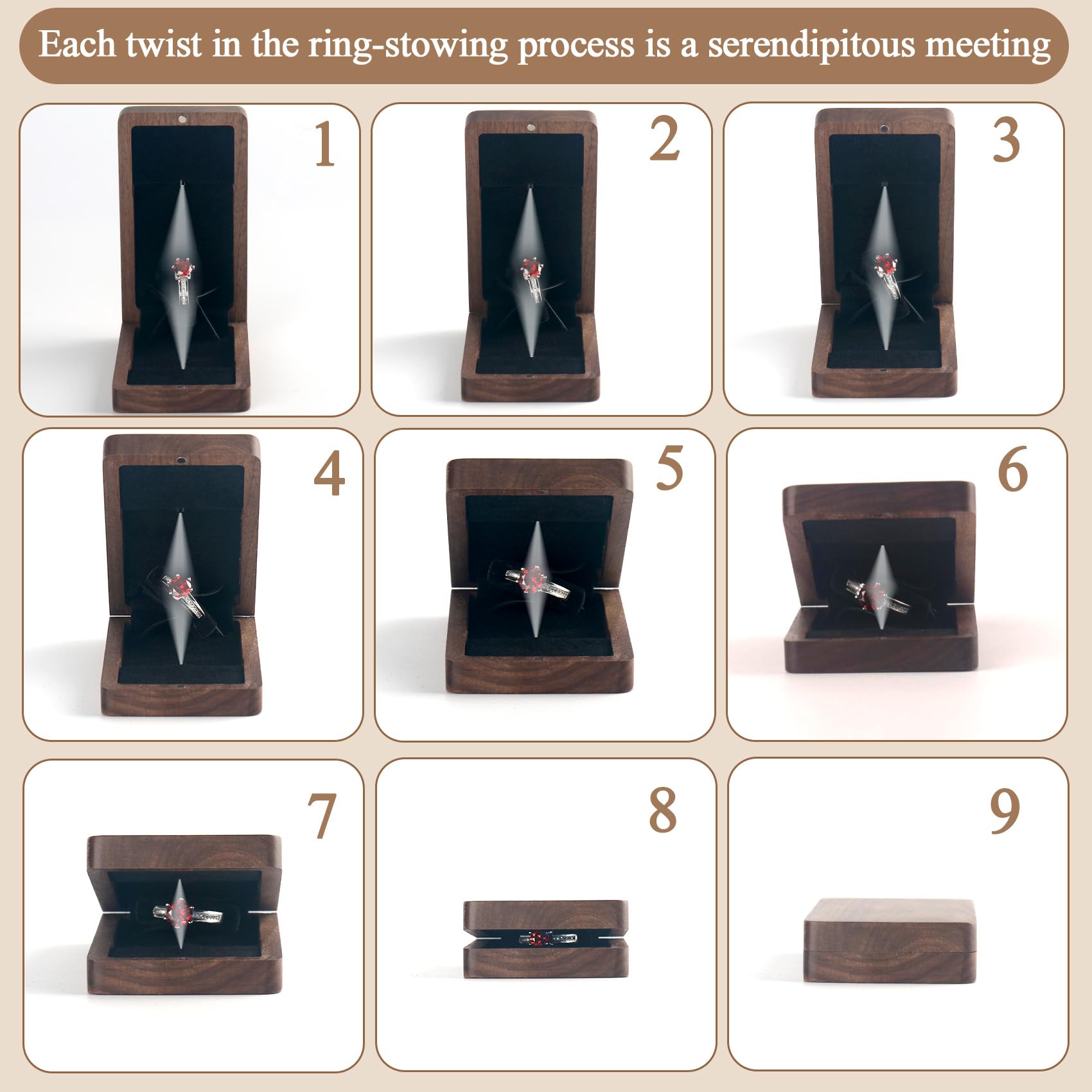 Rotierende Verlobungsringbox aus Holz für Antrag, Hochzeit, Jahrestag, Ringbox mit LED-Licht, Geschenkverpackung (schwarze Walnuss)