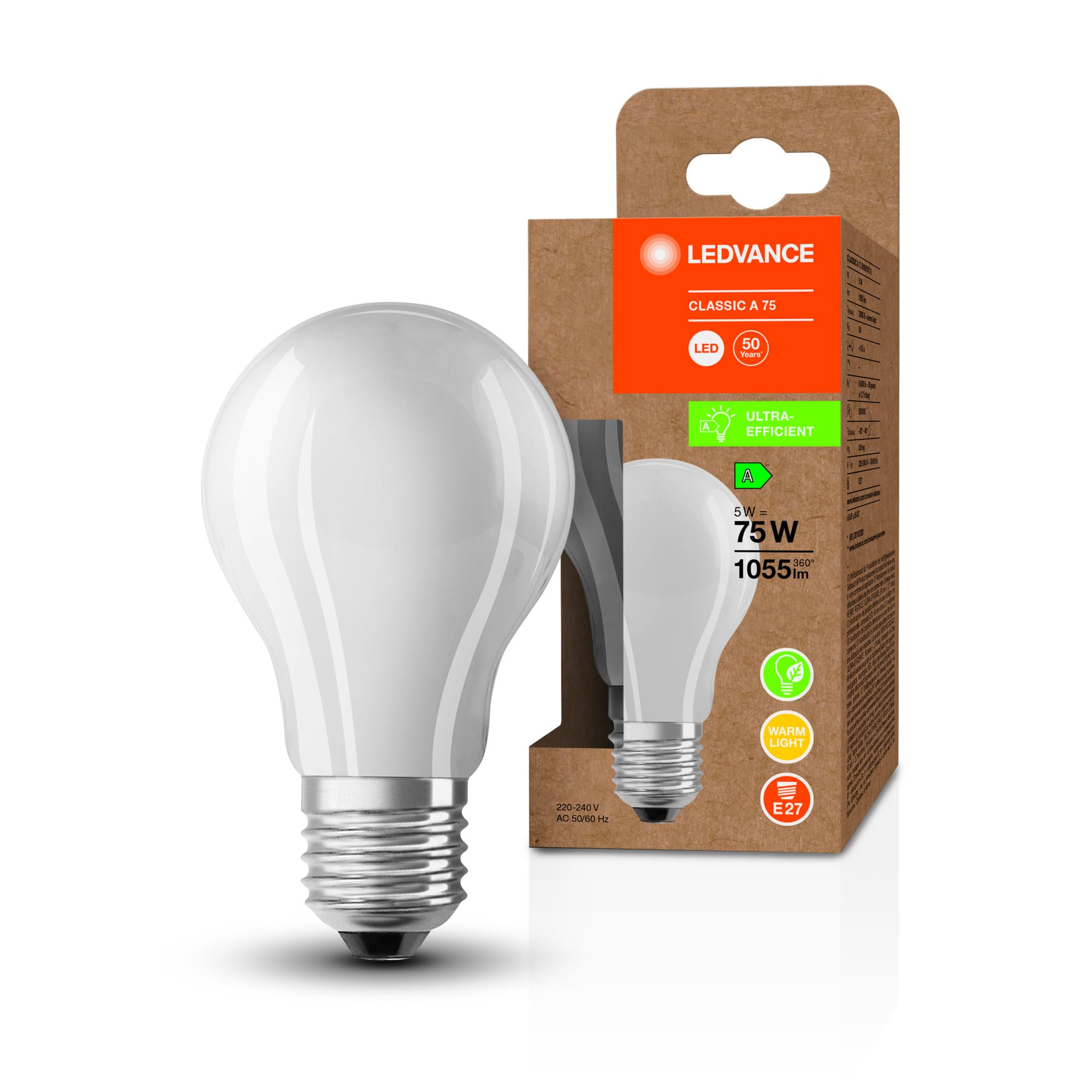 LEDVANCE LED Energy Saving lamp, Frosted Bulb, E27, Warm White (3000K), 5 watt, Replaces 75W Bulb, Highly efficient and Energy-Saving, Pack of 1