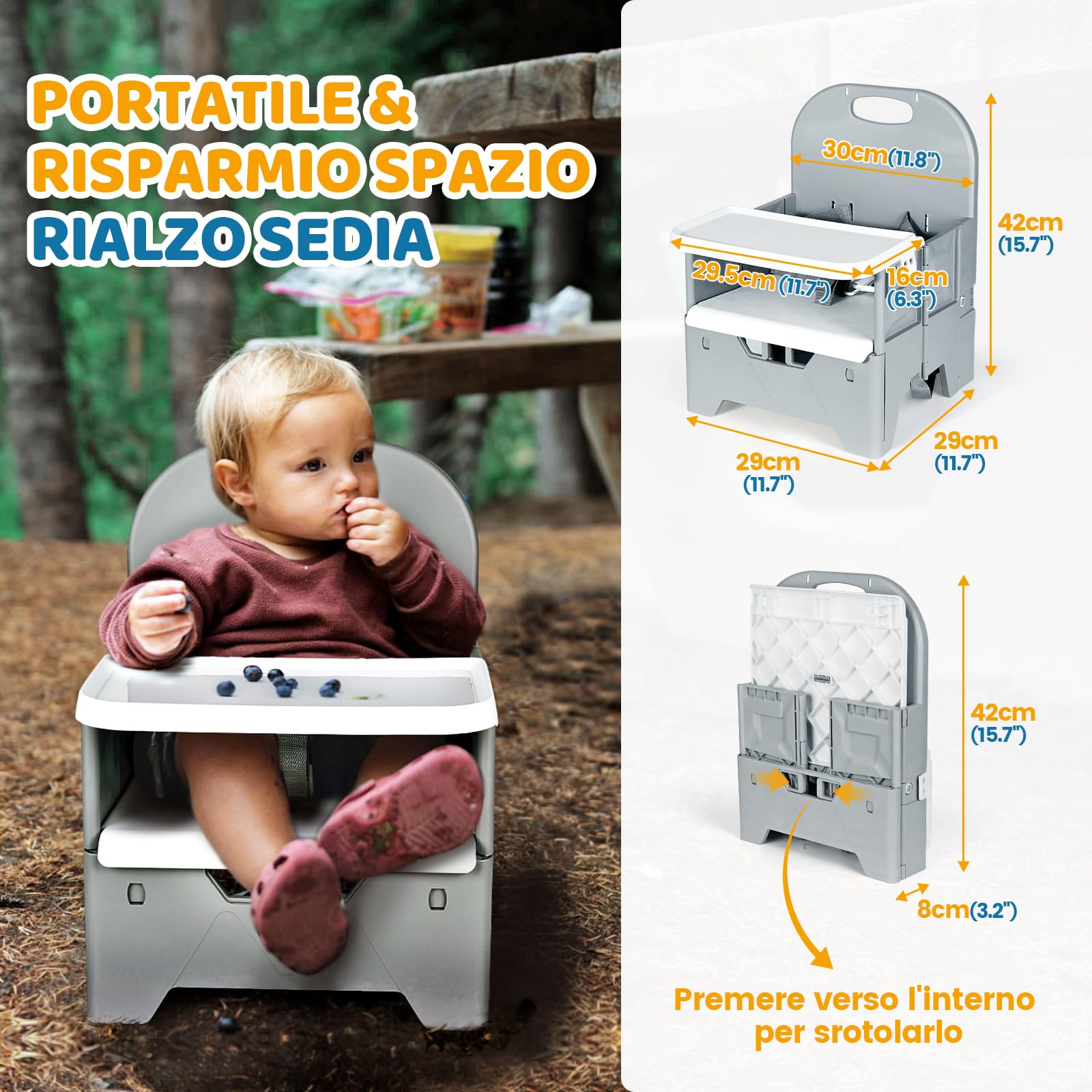 Orzbow Sedia pieghevole per bambini, stabile seggiolone da viaggio con vassoio rimovibile, materiale ABS e struttura stabile, sedia da campeggio portatile per bambini da 6 mesi a 3 anni, 15 kg, grigio