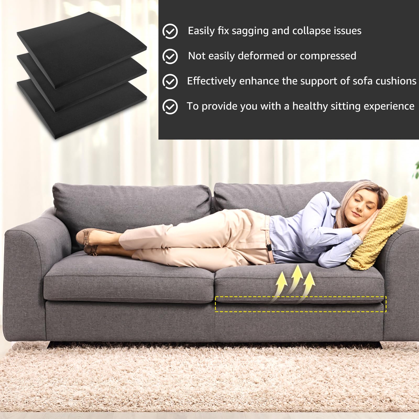 Hlimior Lot de 3 coussins de canapé en mousse haute densité de 50,8 x 50,8 cm pour siège affaissé, support de siège incurvé sous le coussin, réparation de canapé, causeuse, chaise affaissée