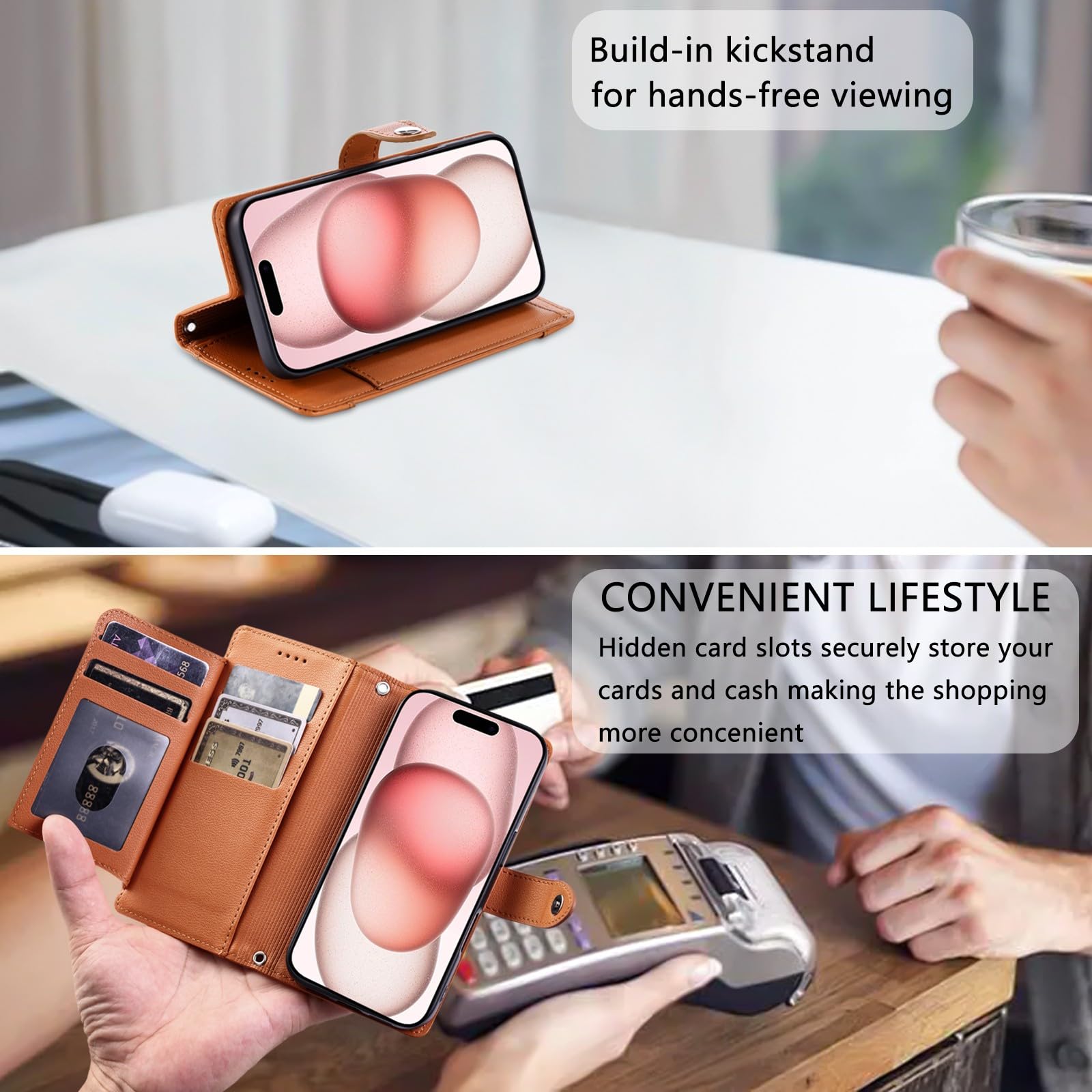 Generic Funda compatible con iPhone 17 Pro Max (color: marrón) con bolsillo con cremallera y correa para el hombro