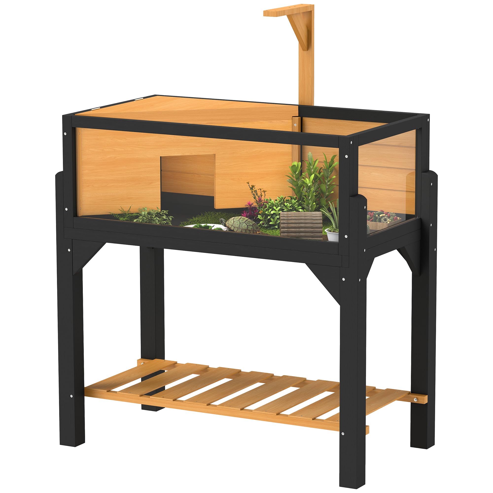 PawHut Wooden Tortoise House with Storage Shelf, Tortoise Enclosure Habitat with Clear Windows, Lamp Holder, Openable Top, Built-in Tray, for Indoor Use, Yellow