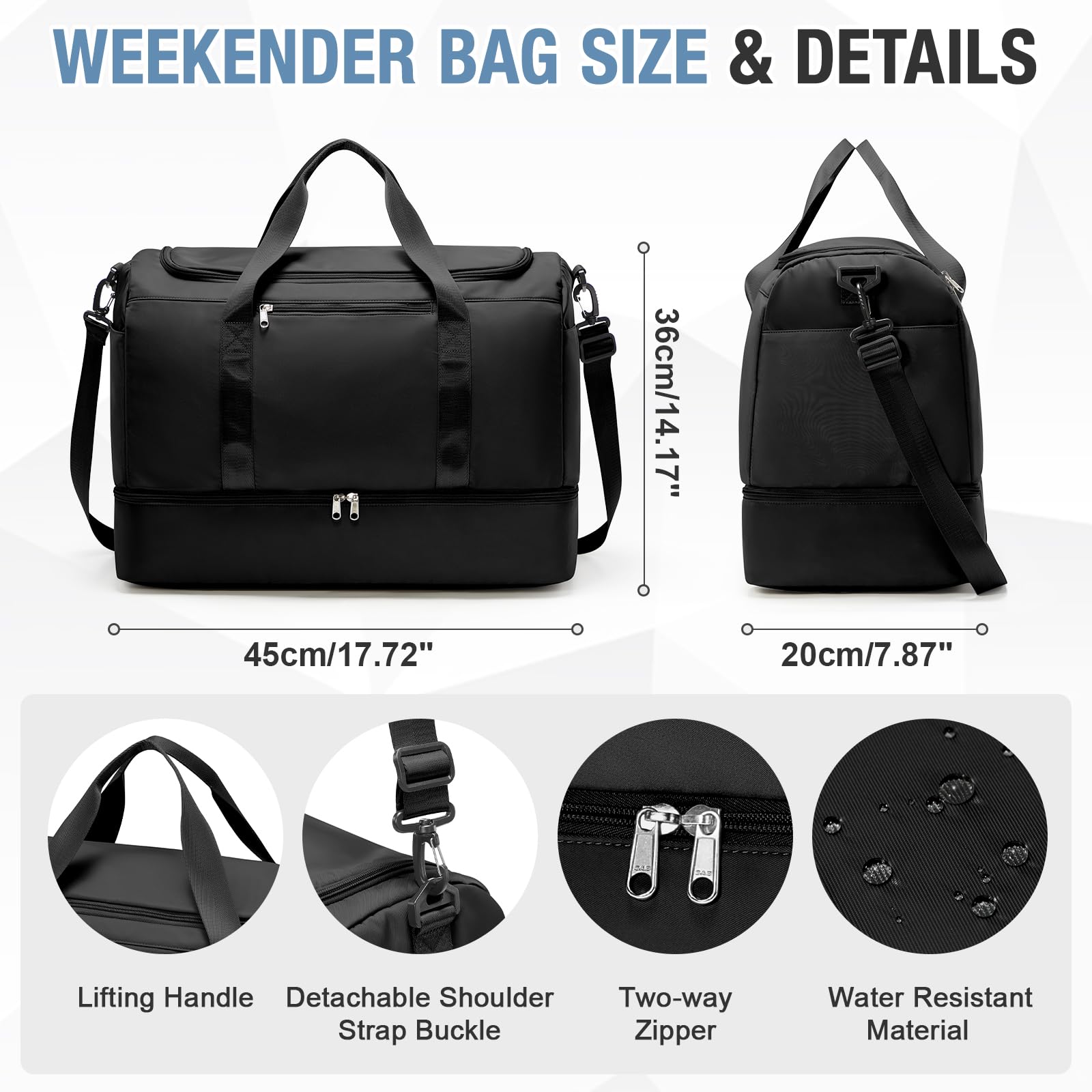 Sac de Voyage 45x36x20 pour Easyjet,Bagage à Main Léger, Sac fourre-Tout de Sport Imperméable pour Week-End avec Compartiment à Chaussures pour Travel Gym Danse,A02 - Noir