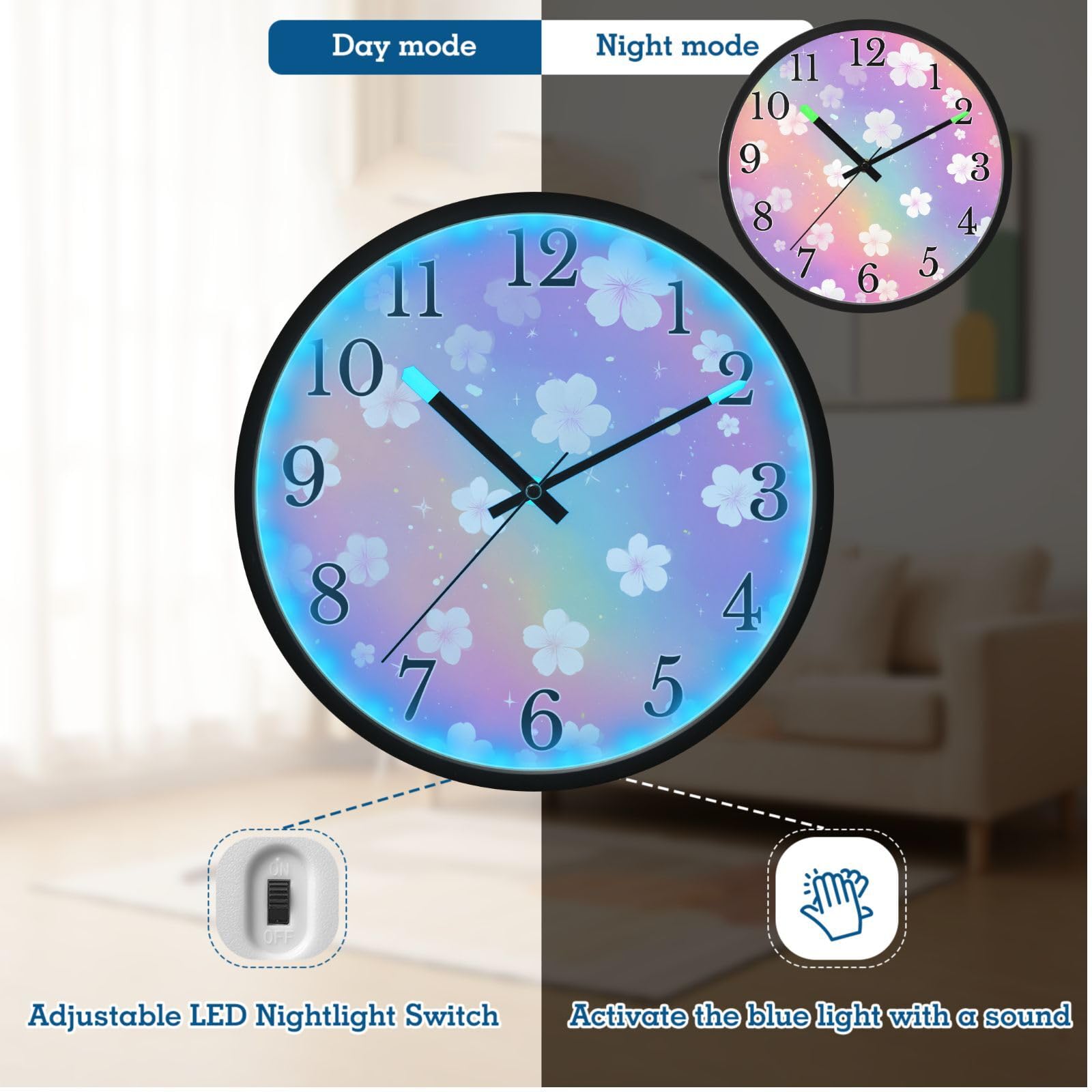 Mnsruu Reloj de pared luminoso con diseño de flores y arcoíris con purpurina, funciona con pilas, reloj silencioso que brilla en la oscuridad, para sala de estar, cocina, 12 pulgadas