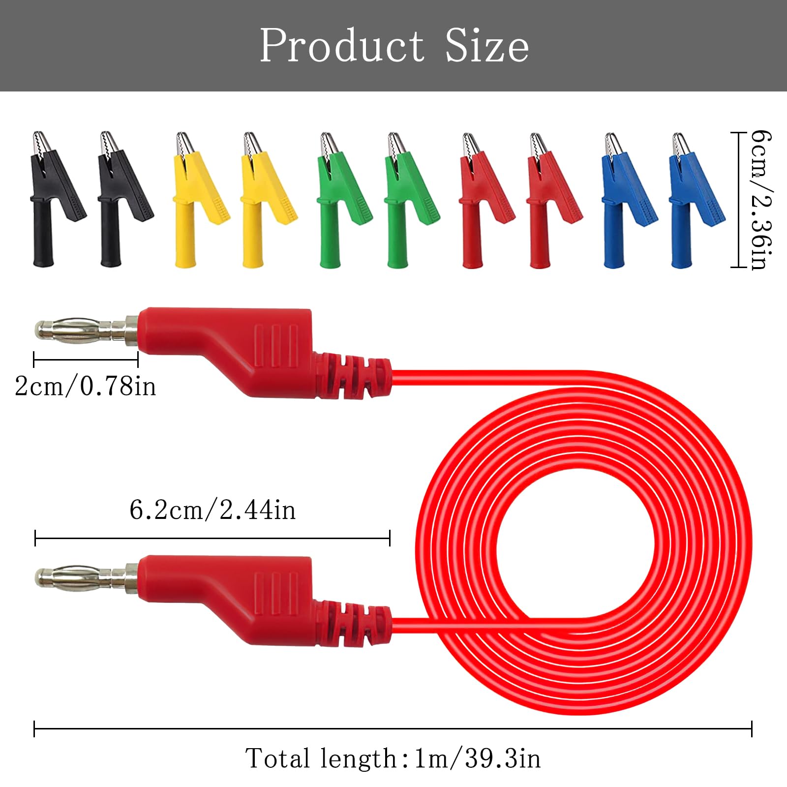 VOSSOT 5 cavi di misurazione multimetri, 4 mm, 5 colori, set di cavi di misurazione con 10 morsetti a coccodrillo, cavo di misurazione lsolato, doppio morsetto, multimetro, tester di tensione