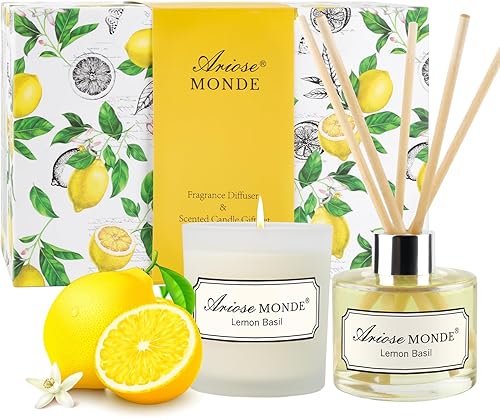 Juego de difusor de varillas y velas perfumadas, varillas difusoras de aceite de albahaca y limón, difusor de fragancia y velas de cera de soja en