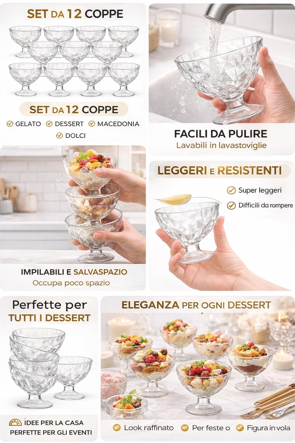 12 Coppa coppette con piede in vetro gelato dessert macedonia in vetro 22,5 Cl D.10,2 cm H8,6 cm