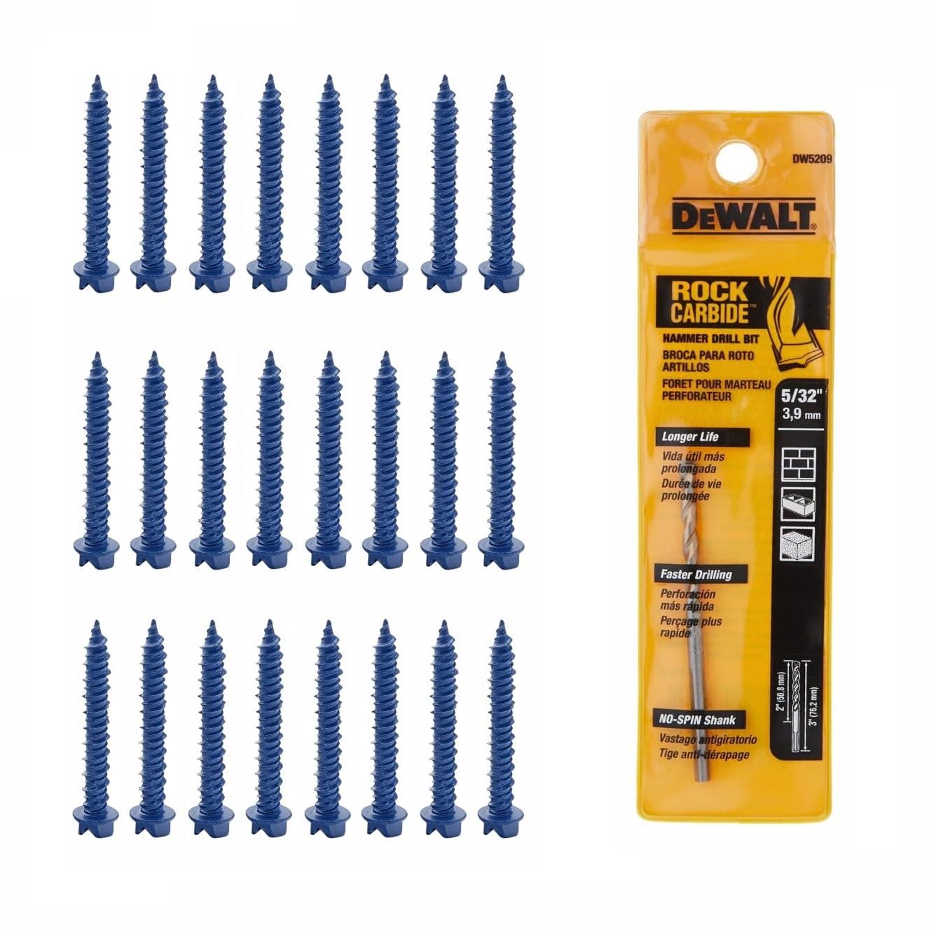 12PCS Hex Head Concrete Screw 3/16 x 1-1/4" Anchor, for Anchoring to Masonry, Block or Brick Bundle with DEWALT DW5209 Drill Bit Premium Percussion Carbide Bit, 5/32-Inch by 3-Inch
