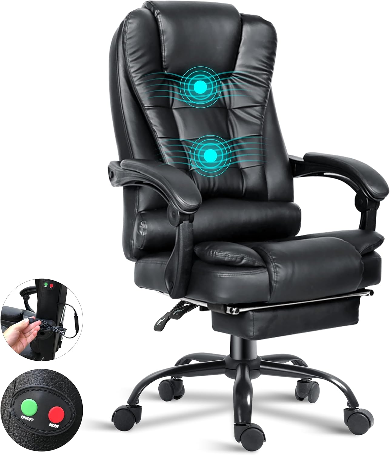 Blisswood Executive Office Chair For Home, 2 Point Massage Office Chair With Footrest & Lumbar Support, Recliner Computer Desk Chair, Ergonomic Swivel Gaming Chair Black For Home Office