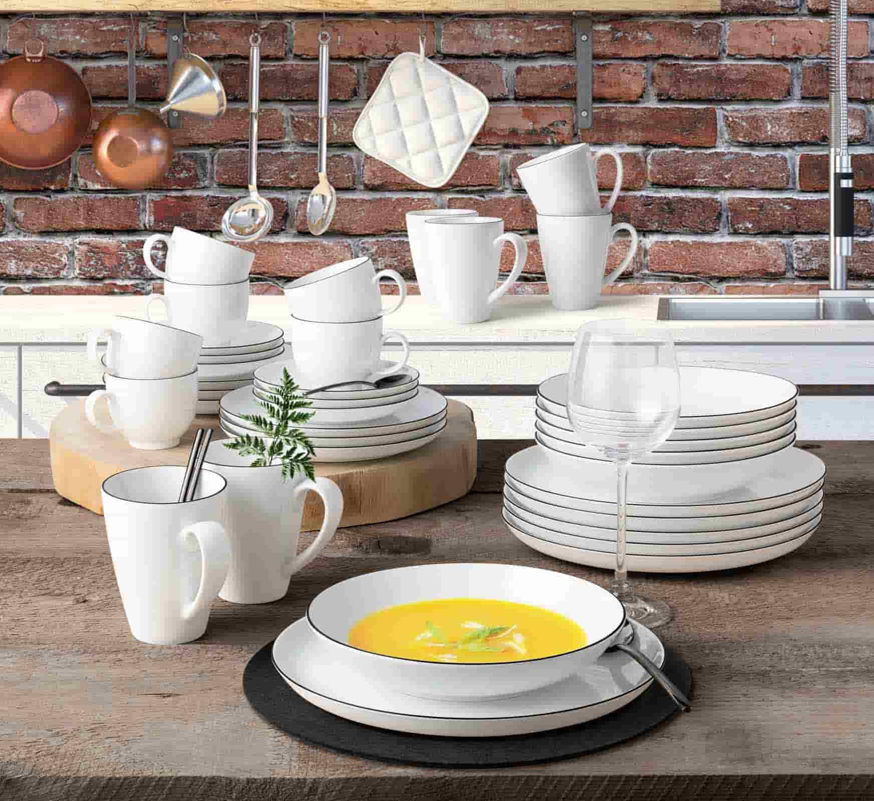 Seltmann Weiden Lido Black Line Suppenteller 6er Set, ø 21 cm, Runder Tiefer Teller mit schwarzem Rand, Porzellan Küche, Haushalt &
