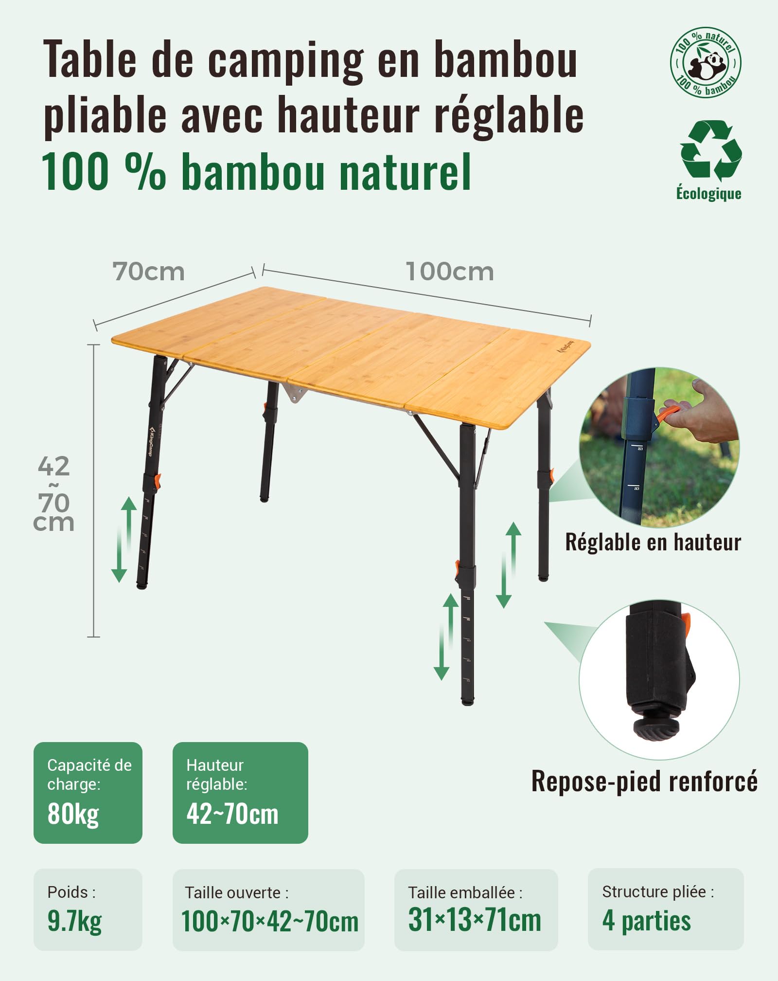 KingCamp Table de Camping Bambou 100x70 cm Table Pliante Hauteur Réglable 42~70 cm pour 2 à 6 Personnes Table de Camping Pliable 4 Foiss Capable de Supporter Jusqu'à 80 kg