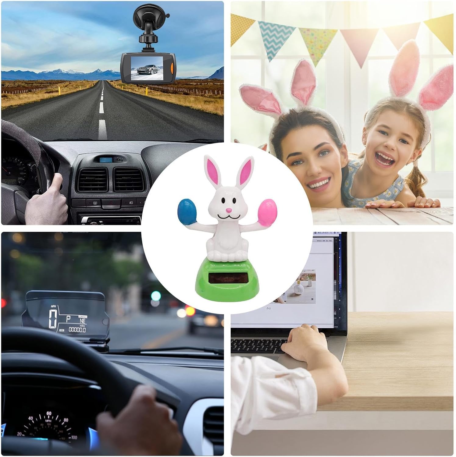 Solar Dancing Toys - Cute Bunny Eggs Solar Dashboard Toy for Car,Car Power Desk Decors, Wobble Figure Toy 4.33in for Bedroom Office