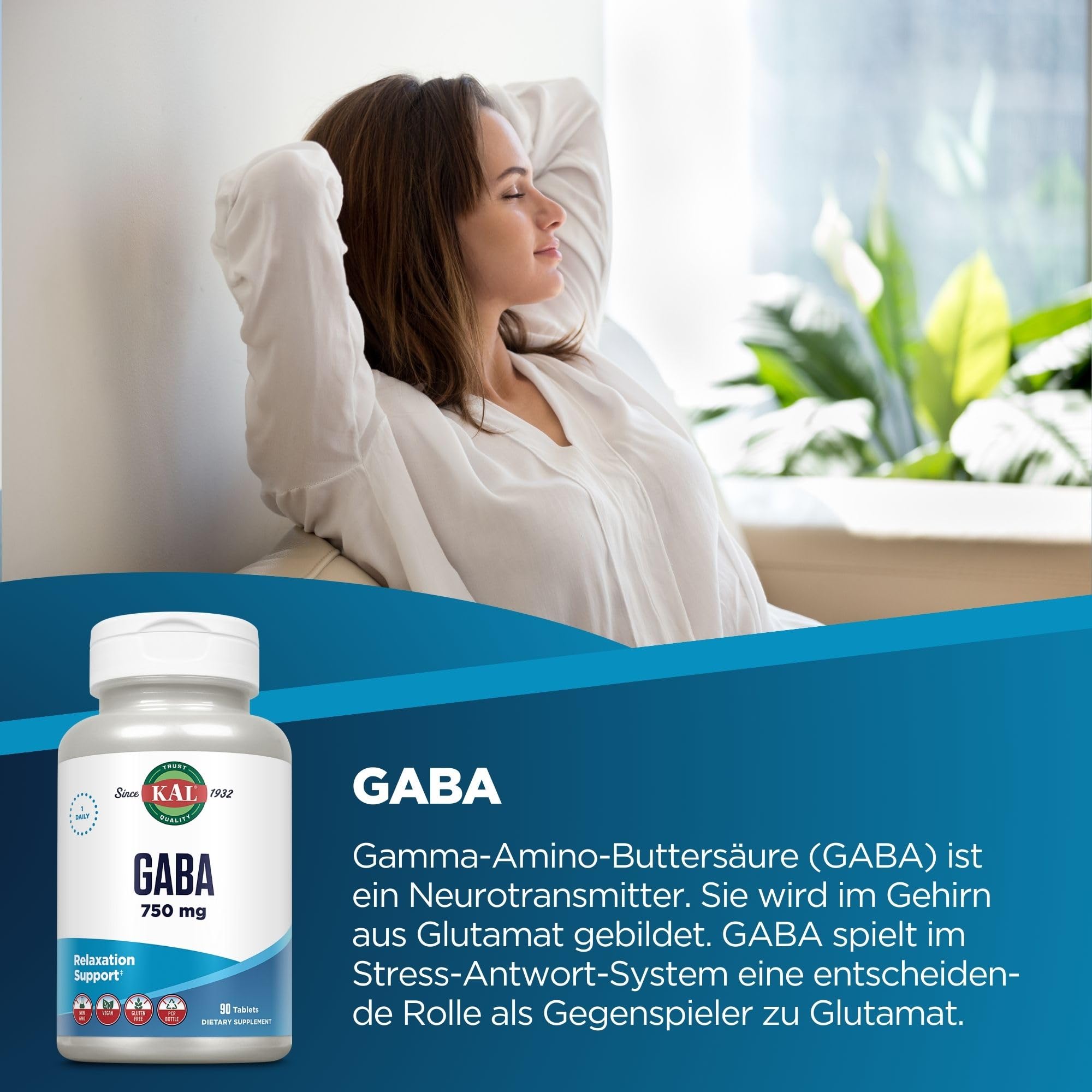 KAL GABA 750 mg - 90 Tabletten - Nahrungsergänzungsmittel Tabletten GABA Kapseln