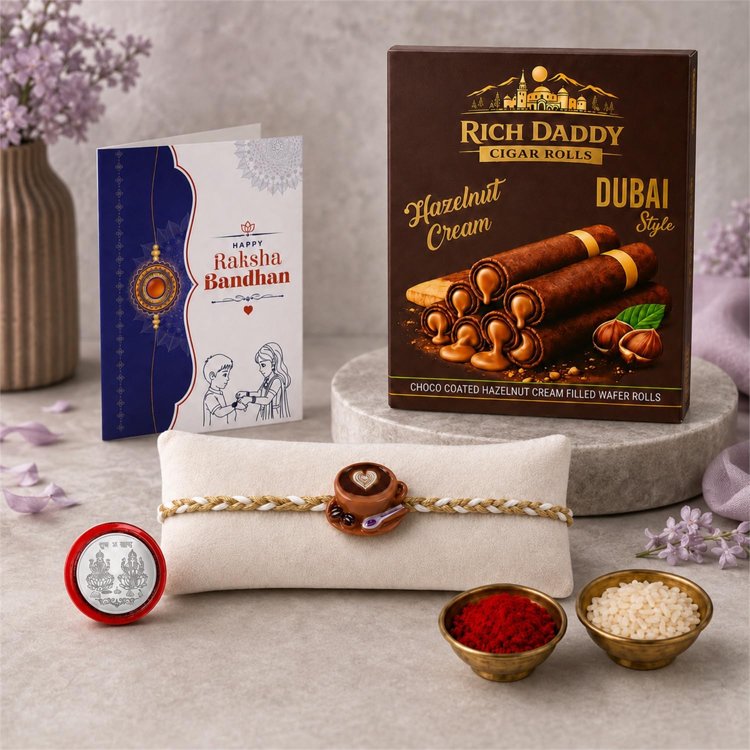Oblivion Multicolor Coffee Cup Rakhi & Cigar Rolls Wafer Roll Hazelnut Cream with Roli Chawal, Silver Color Pooja Coin & Greeting Card, Rakhi with chocolate, Pack of 5-image-20