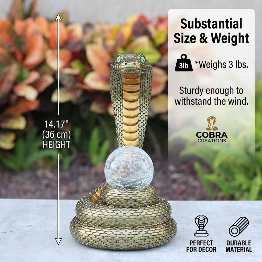 Solar Snake Statue Garden Decor, 14.2" Tall Resin Animal Figurine with Glowing Green Eyes & LED Crackle Glass Globe, Weatherproof Outdoor Yard Sculpture, Mysterious Gift for Patio Lawn