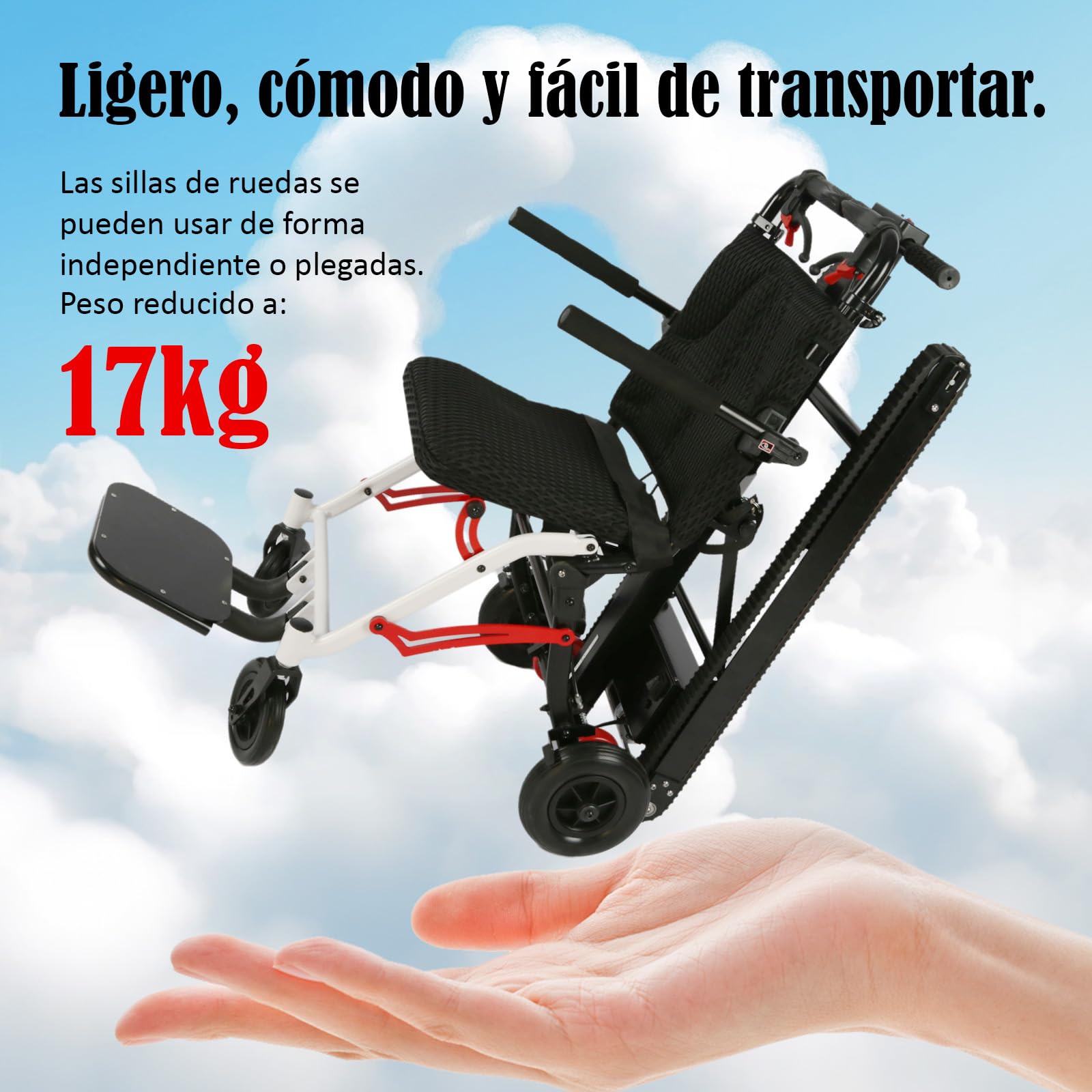 Silla de Ruedas para Subir Escaleras,Silla de Ruedas Eléctrica Plegable Ligera,Adecuada para Personas Mayores con Discapacidad, con Una Carga de 330 Libras,Ayudas Móviles y de Vida Diaria Negro y Rojo