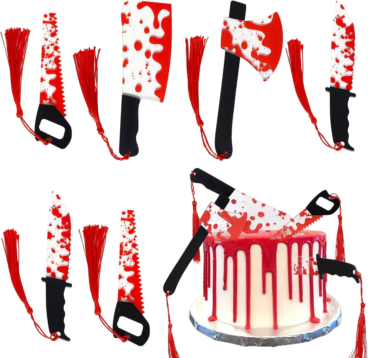 SYKYCTCY 4 Pack Halloween Blood Knife Cake Toppers Acrylic Horror Halloween Cake Decorations Have a Killer Birthday Decorations for Blood Knife Theme Party Cake Decorations Supplies