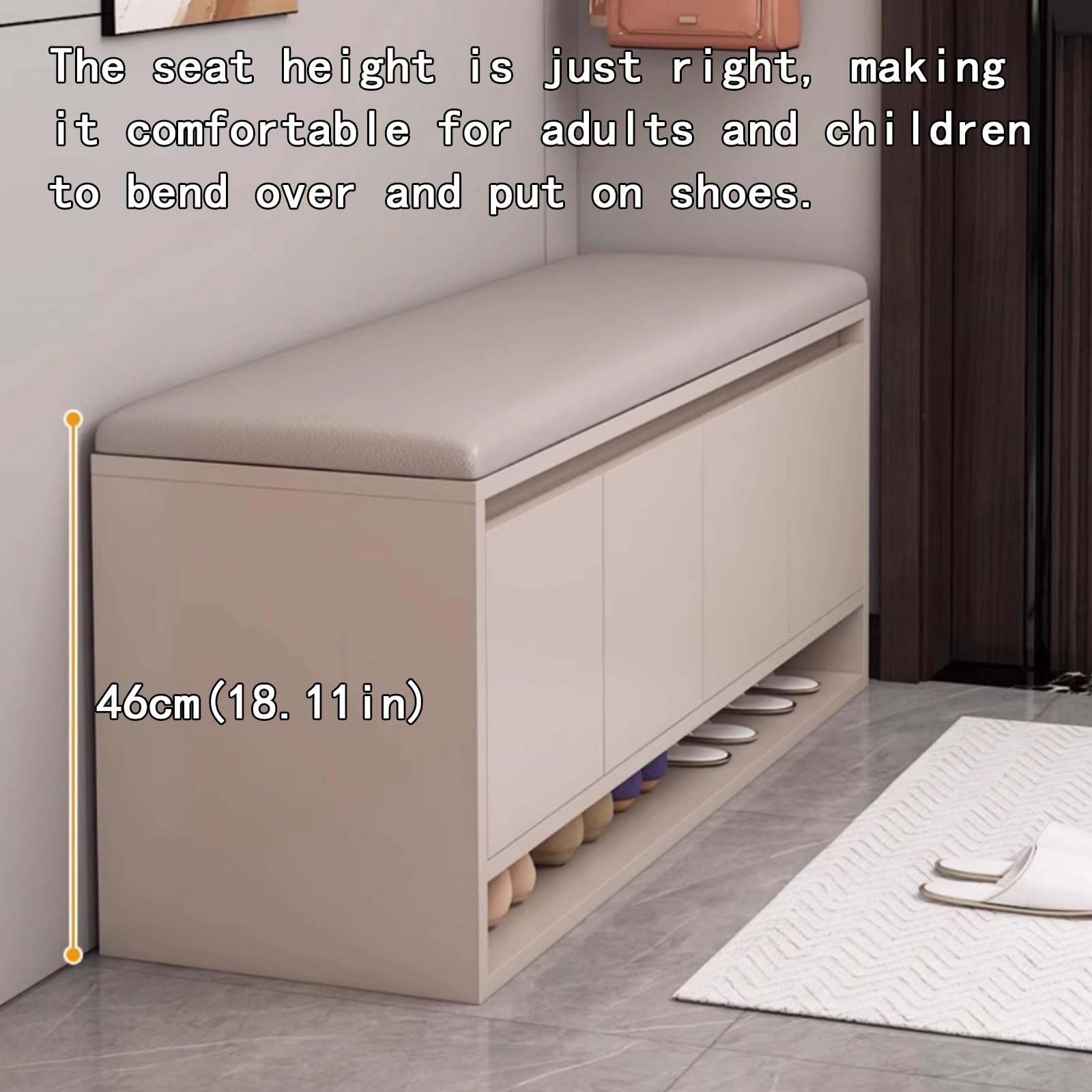 Regulowana wysokość ławka na buty z grubymi poduszkami piankowymi, ekologiczna skóra, solidne przechowywanie przy wejściu, 80 x 35 x 46 cm, stylowy organizer na buty z półkami (kawa mleczna)