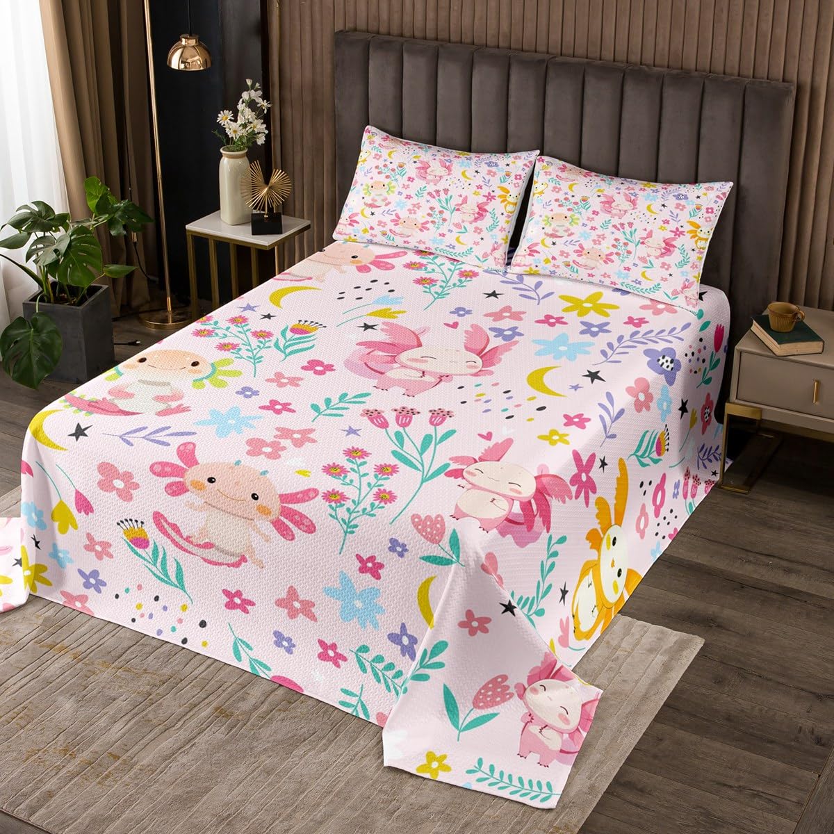 jejeloiu Cute Axolotl Coverlet Set Cartoon Salamander Bedspread for Kids Boys Girls Teens Room Decor Kawaii Ocean Sealife Reptile Animal Quilted Coverlet Twin Size Botanical Floral Quilted