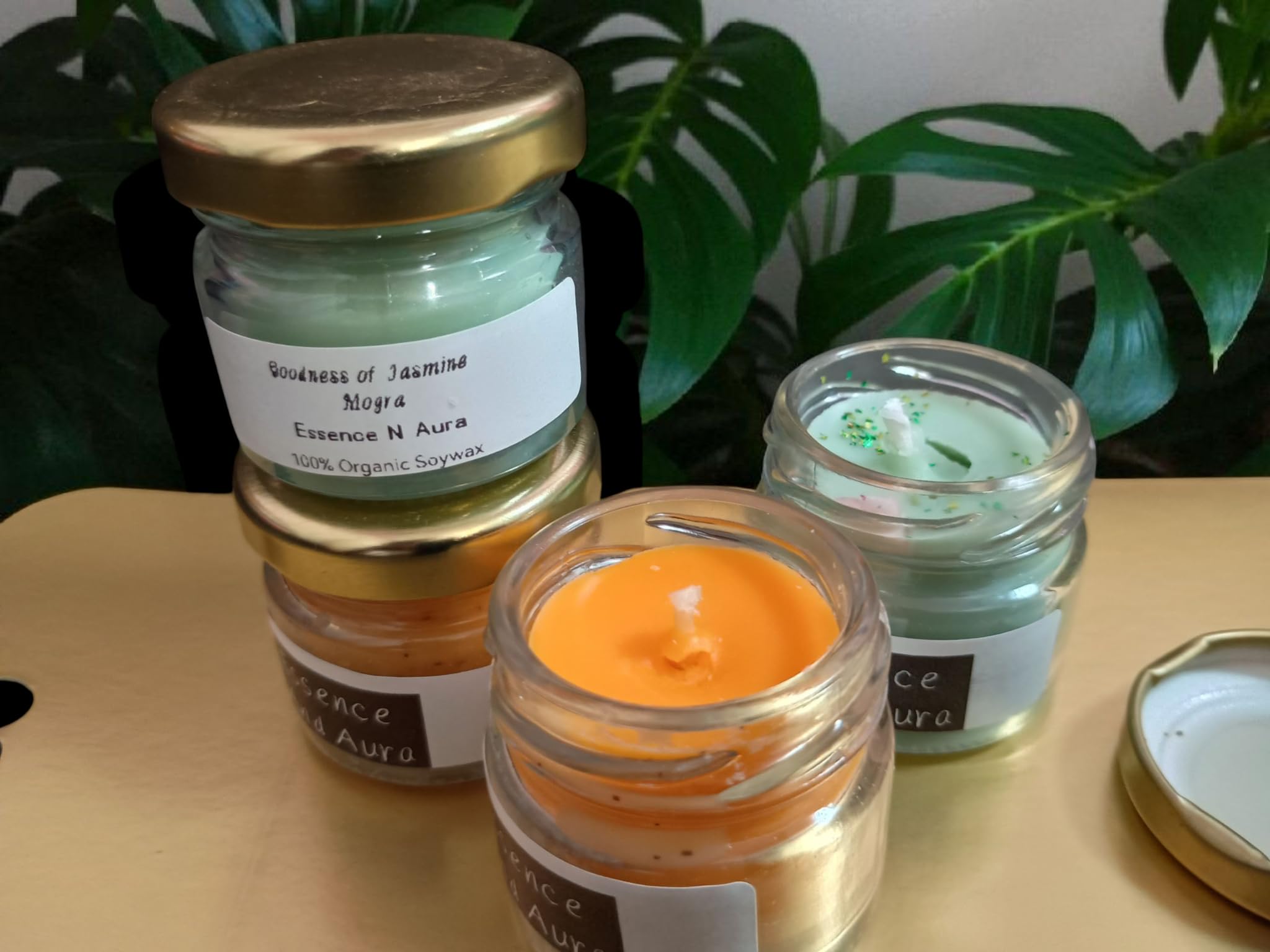 Essence and Aura Organic Scented Soy Candles, Jasmine and Sandalwood Fragrances, Glass Jars with Gold Lids, Pack of 2 1