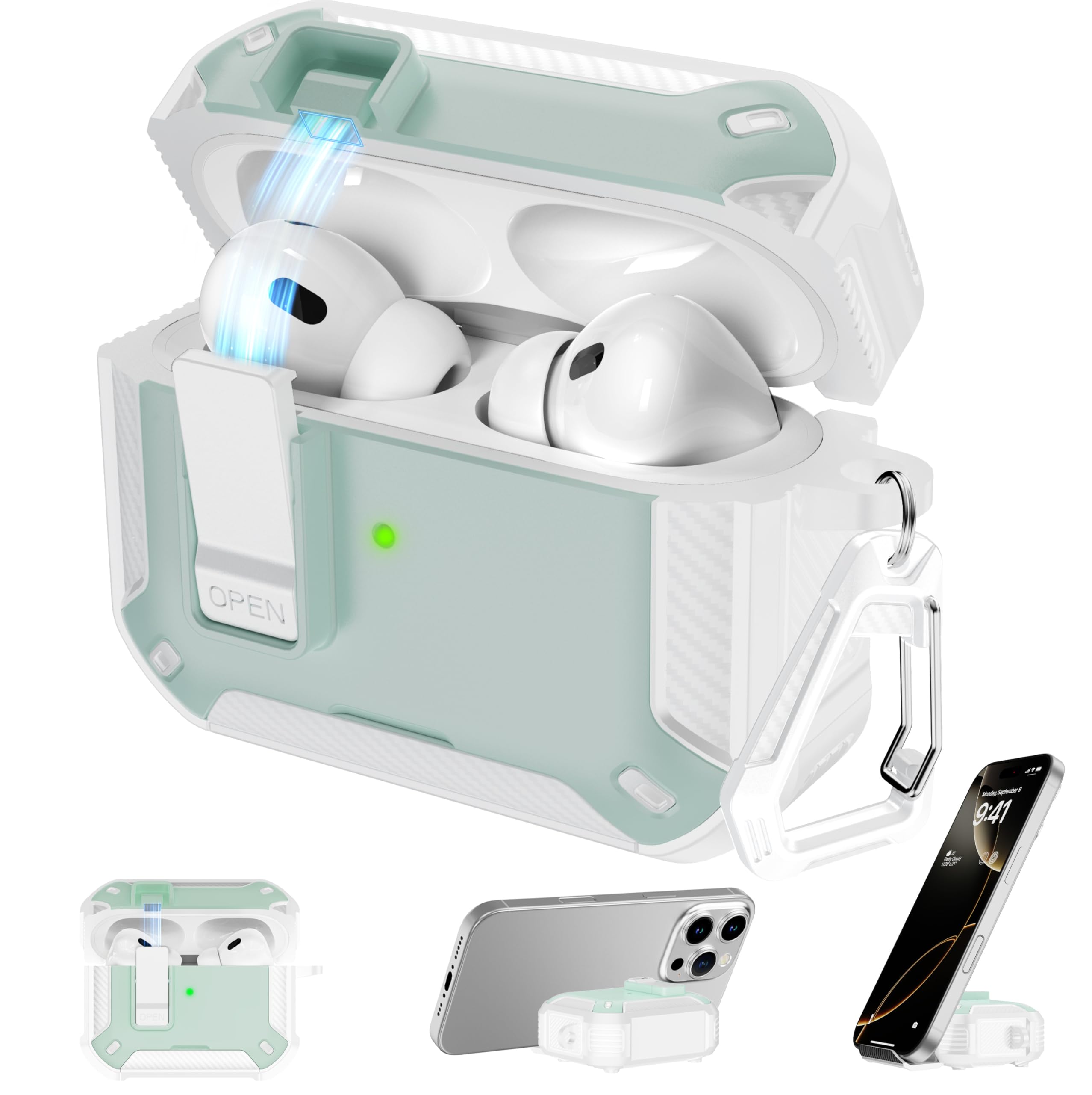 RFUNGUANGO - Funda para AirPods Pro 3 con Cierre y Kit de Limpieza, Transparente, rígida, para Videojuegos, con Soporte para teléfono Integrado, antigolpes （Naranja） — view 12