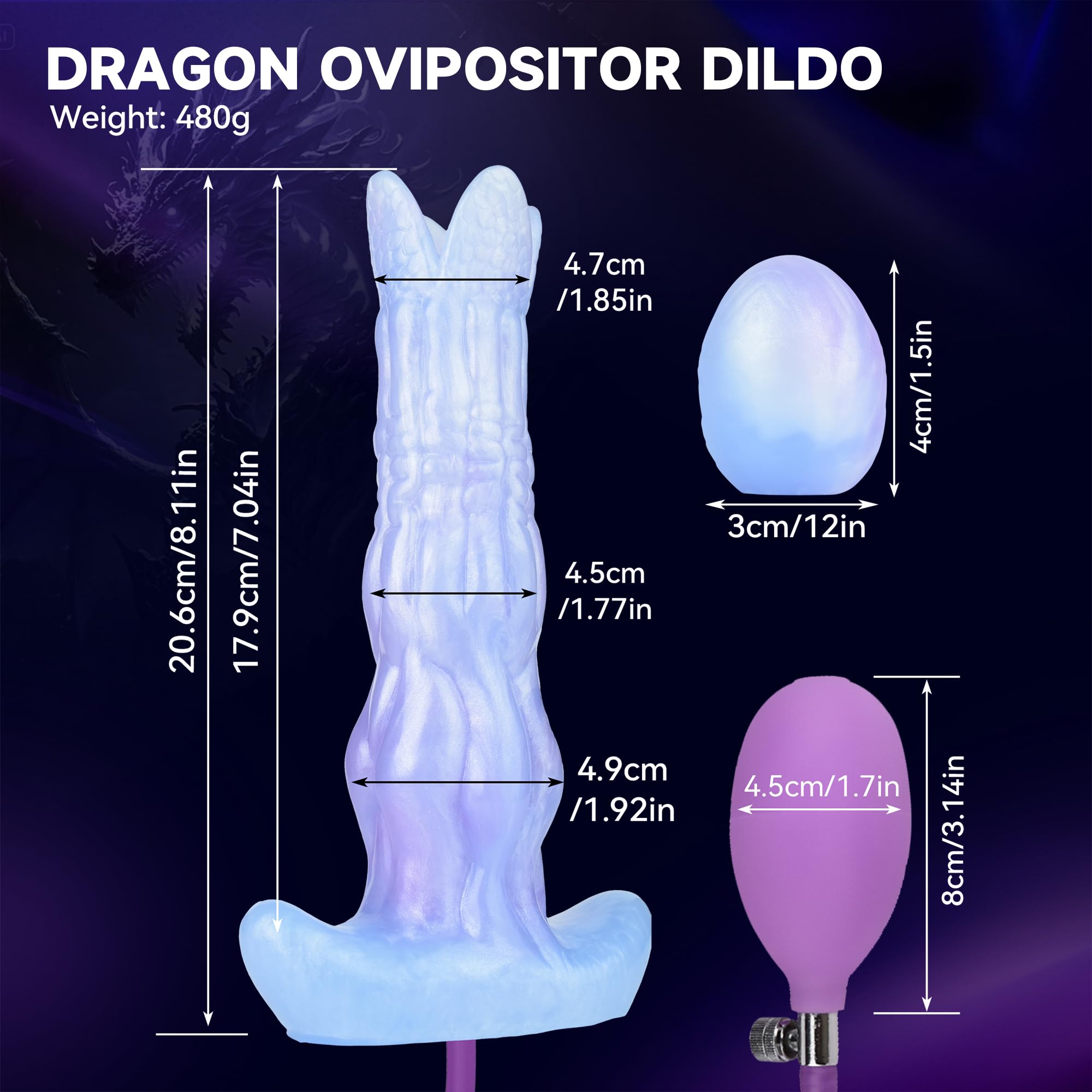 Dragon Dildo Monster Dildo Ovipositor with 5 Eggs, 8inch Pneumatic Silicone Ovipositing Tentacle Dildos Inflatable Anal Plug Adult Sex Toys for Women G Spot and Men Couples Sex Game