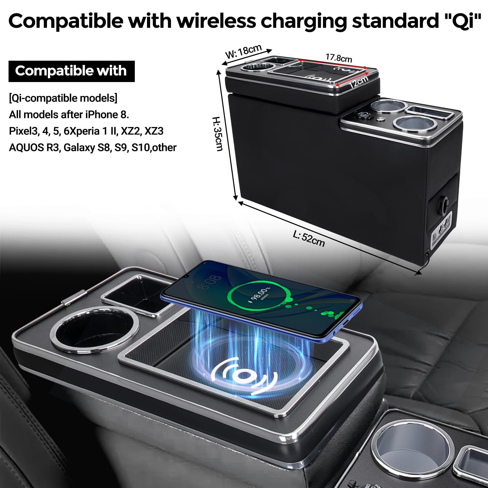 Console Centrale Con Luci LED 7 Colori E Ricarica Wireless Per VW T4/T5/T6/T6.1 (2003-2019), Bracciolo In Pelle Con USB E Portabicchieri