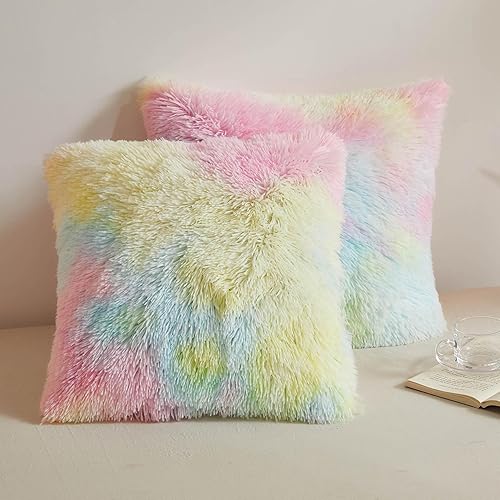 XeGe Fundas de almohada de piel sintética color arcoíris, teñido anudado, multicolor, fundas de cojín decorativas de felpa esponjosa de lujo para