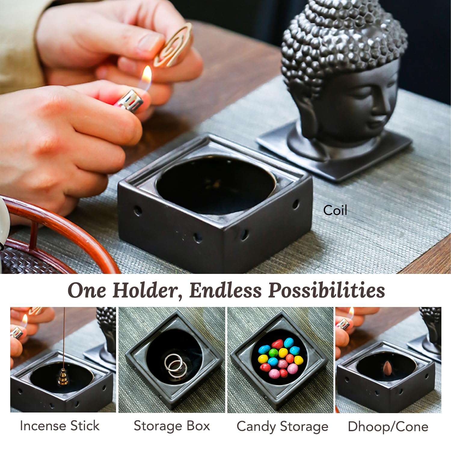 Ekhasa Soporte de cerámica Dhoop Dani Loban para el hogar | Buddha Dhup Kapoor Dani para Puja | Soporte Sambrani Dhoop | Quemador Dhuni Samrani Dhoop Batti para Pooja | Quemador de incienso Dhup