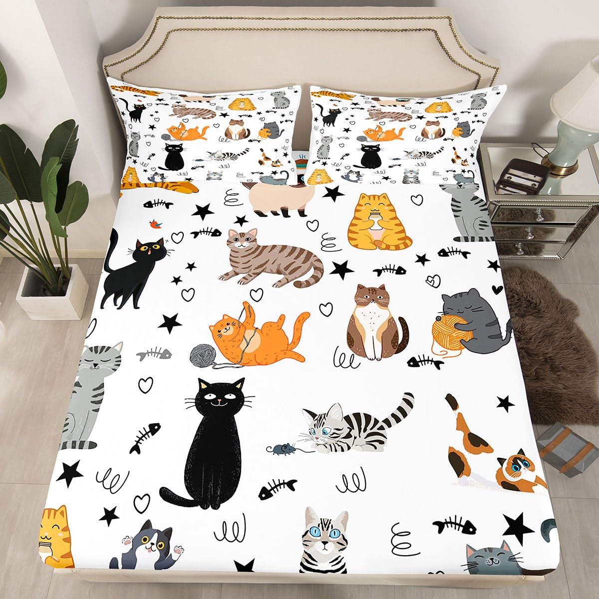 Katze Bettwäsche-Set – Lustiges Cartoon-Design, 100% Mikrofaser, 4-teilig Mit Spannbetttuch