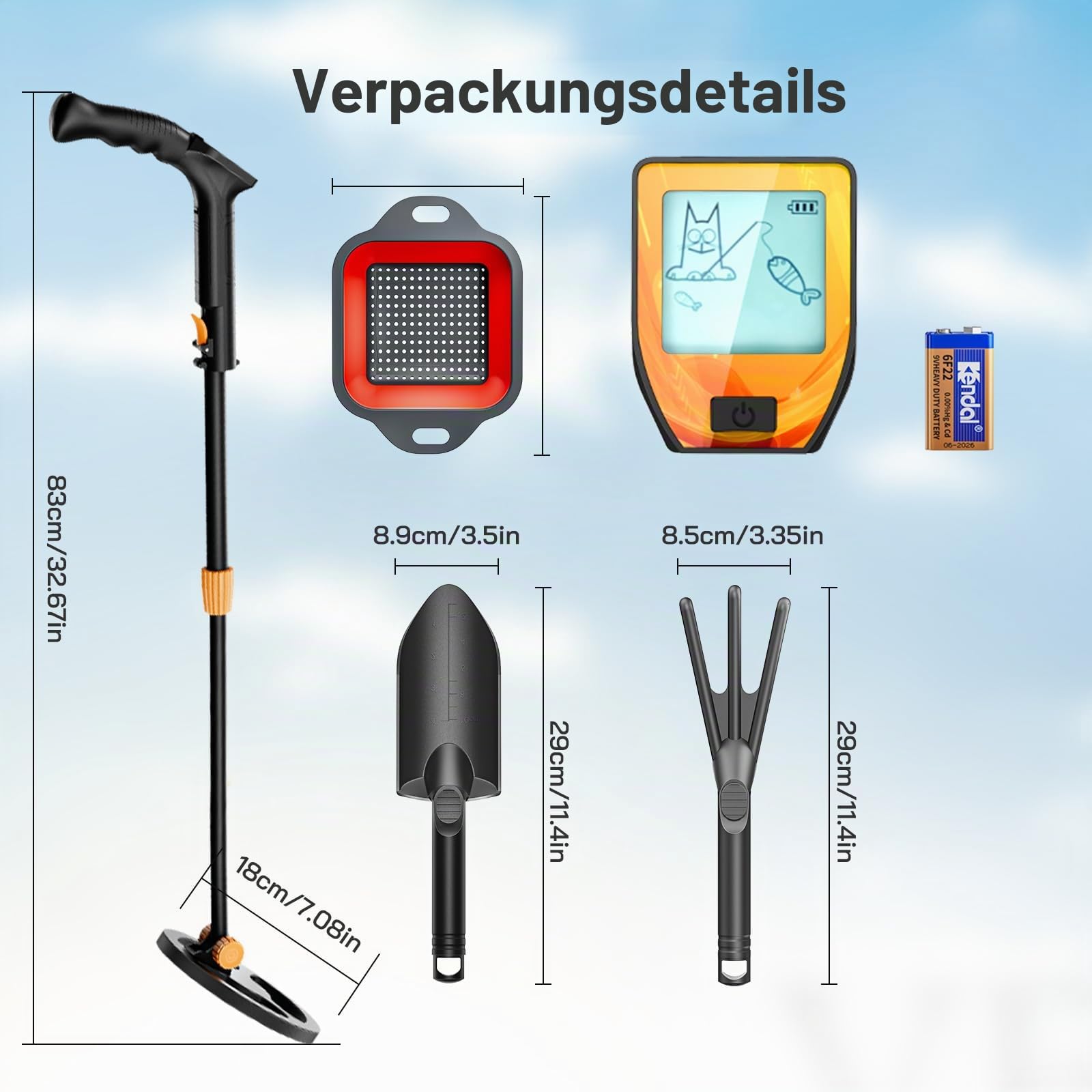 Metalldetektor für Kinder, Verstellbare Länge (16"-35") Metalldetektor, LCD-Display & Leichter Metalldetektor Kinder mit 6.5" Wasserdichter Spule, Schaufel, Rechen zum Erkennen von Münzen(Orange)