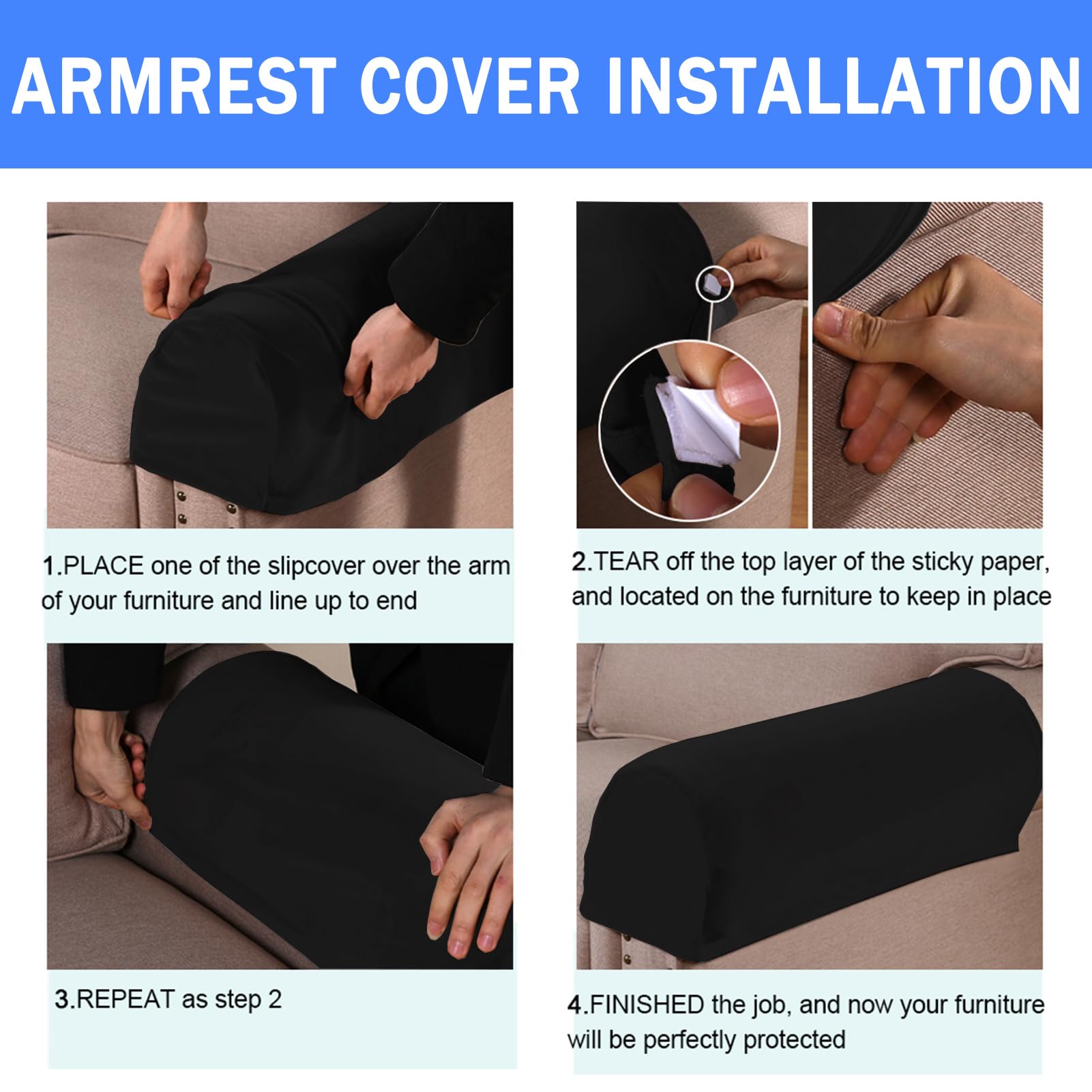 Armlehnenbezüge, 2/4/6 Stück Stretch-Stoff Armlehnenbezüge, Anti-Rutsch Couch Armlehne Schutz, Maschinenwaschbar, für Stuhl, Sofa, Couch, Liegestuhl (Schwarz,6 Stück)