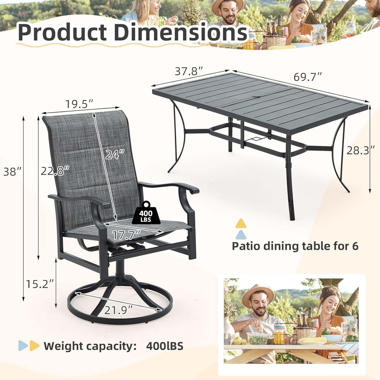 Patio Dining Set for 6, 6 Piece Patio Swivel Chairs with 1 Piece Large Mental Rectangular Dining Table for Backyard Front Porch Pool Deck,Gray