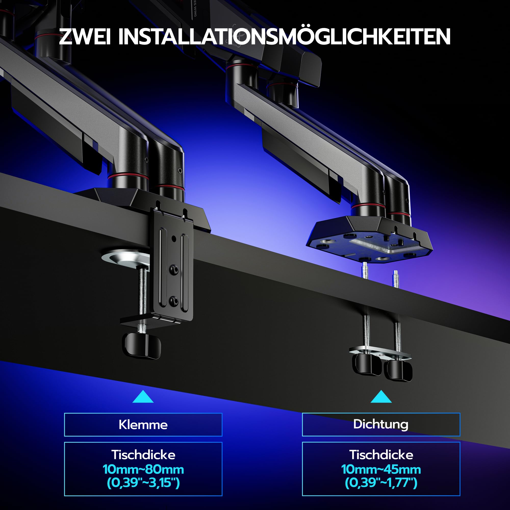 ARES WING Monitor Halterung 2 Monitore für 17–35 Zoll, 12 kg/Arm,Schwarz | Dual Monitorarm für Flach&Curved Bildschirm, höhenverstellbare Tischhalterung mit Kabelführung, ergonomisch,VESA 75/100 mm
