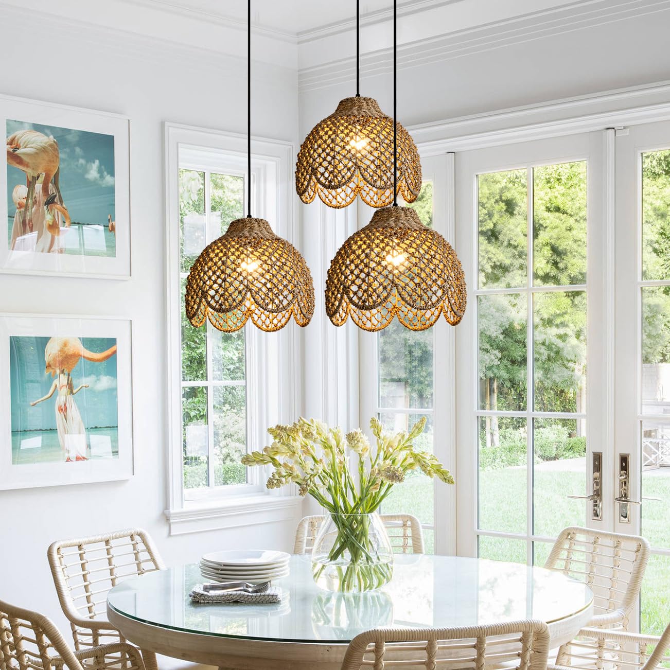 3-Pack Rattan Pendant Lights Kitchen Island, 11.8" Boho Wicker Pendant Light Mini Rattan Hanging Light Fixture Seagrass Farmhouse Woven Chandelier for Bedroom Dining Room Hallway Entryway