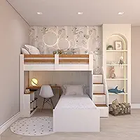 Beliche Star Office Infantil/Juvenil Multifuncional com Escrivaninha Casatema Branco/amadeirado Freijó