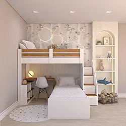 Beliche Star Office Infantil/Juvenil Multifuncional com Escrivaninha Casatema Branco/amadeirado Freijó