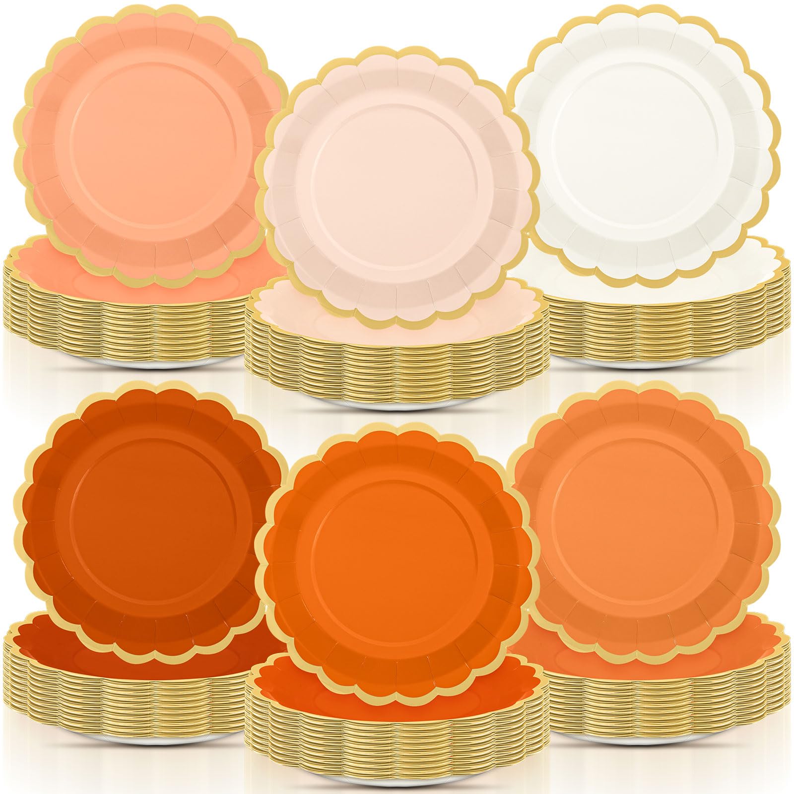 96 Pcs Beige-orange Peach Fall Paper Plates 9 Inch Gradient Scalloped Paper Disposable Dinner Dessert Plates for Birthday Wedding Bridal Party Supplies, 6 Colors