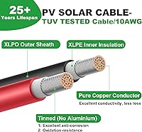 Vista 2 de Oududianzi Cable de extensión solar de 10 pies, cable solar de 10 AWG, cable fotovoltaico de cobre estañado de calibre 10, cables y conectores