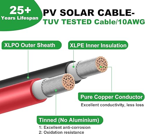 Miniatura 2 de Oududianzi Cable de extensión solar de 40 pies, cable solar de 10 AWG, cable fotovoltaico de cobre estañado calibre 10, cables y conectores para el