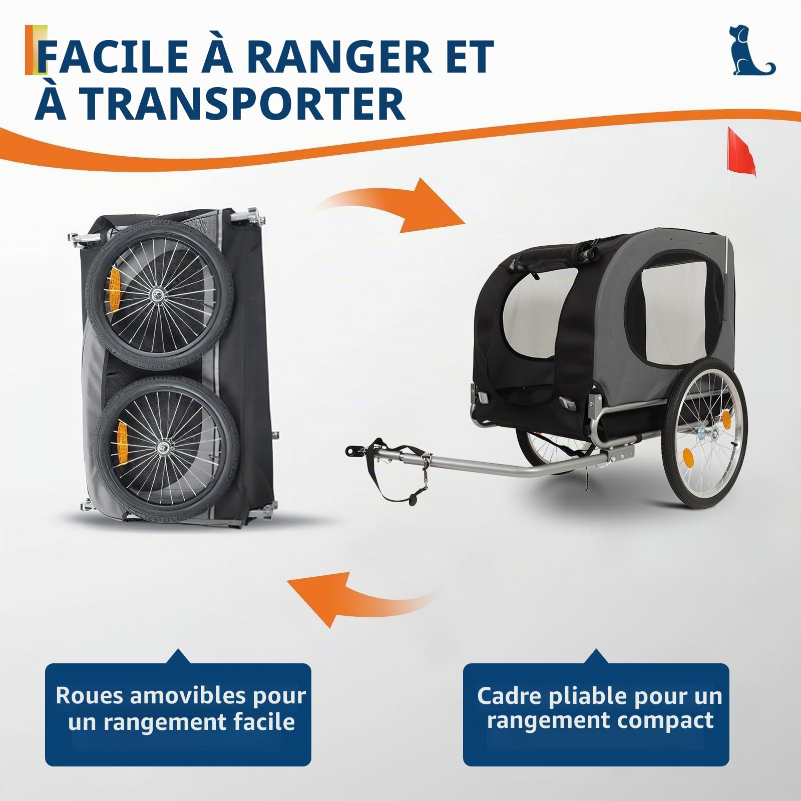 Grandes remorques pour Chiens - Capacité de 40 kg - Porte-Bicyclette pour Animaux de Compagnie - Tissu Oxford Pliable, Attache Universelle - Design Pliable, Tapis antidérapant et Drapeau de sécurité