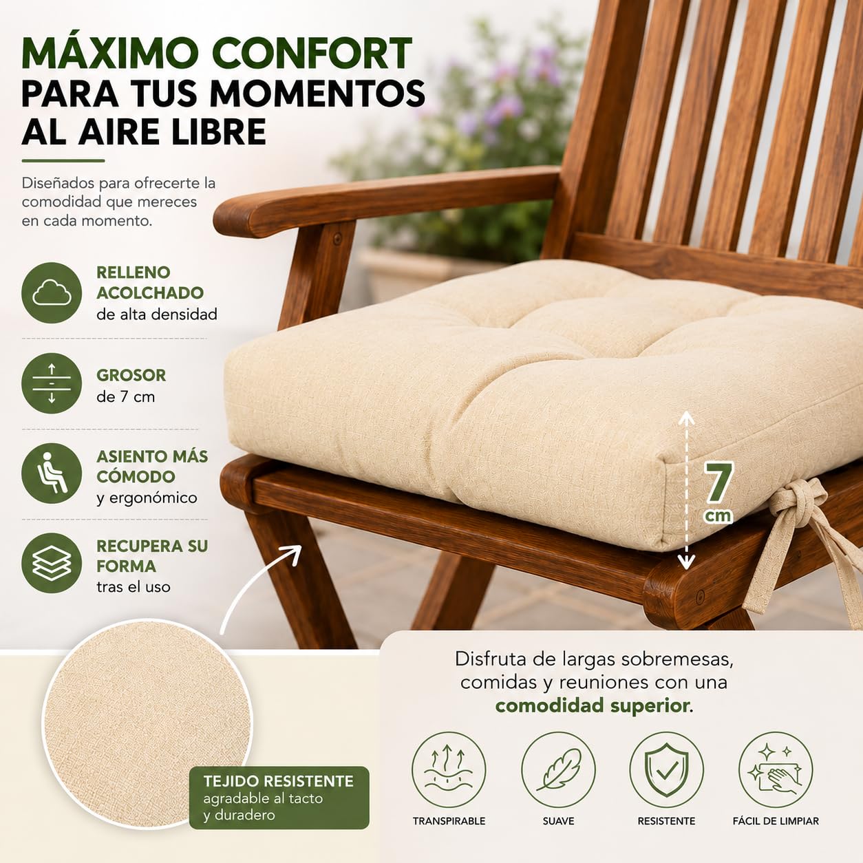 TIENDA EURASIA – Pack Cojines Sillas | Material Tela (Poliéster) | Material de Relleno 100% Poliéster | Tamaño 40x40x7 cm | 2 Cordones de Sujeción | Cojines Exterior Jardín (Beige, Pack 4)